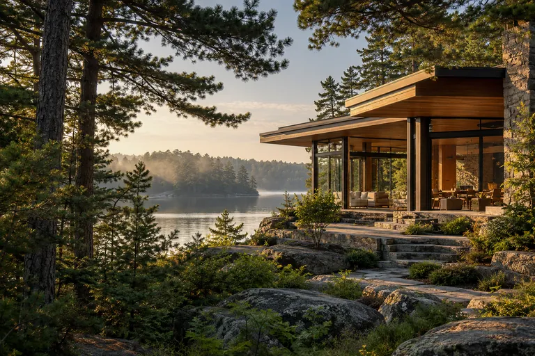 Illustrative cedar home among white pines beside a Muskoka-style lake