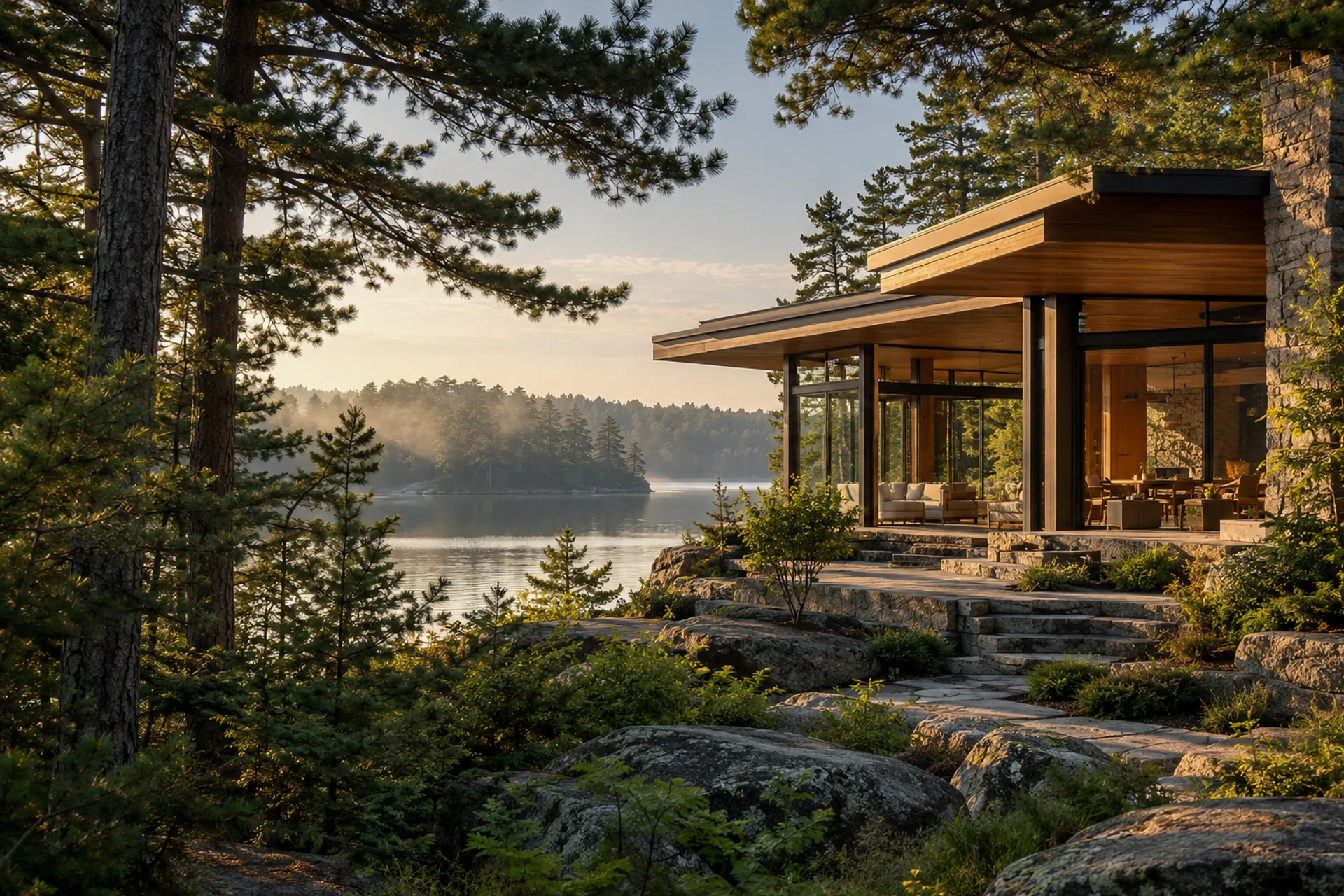 Architectural concept of a cedar and glass cottage beside a quiet lake