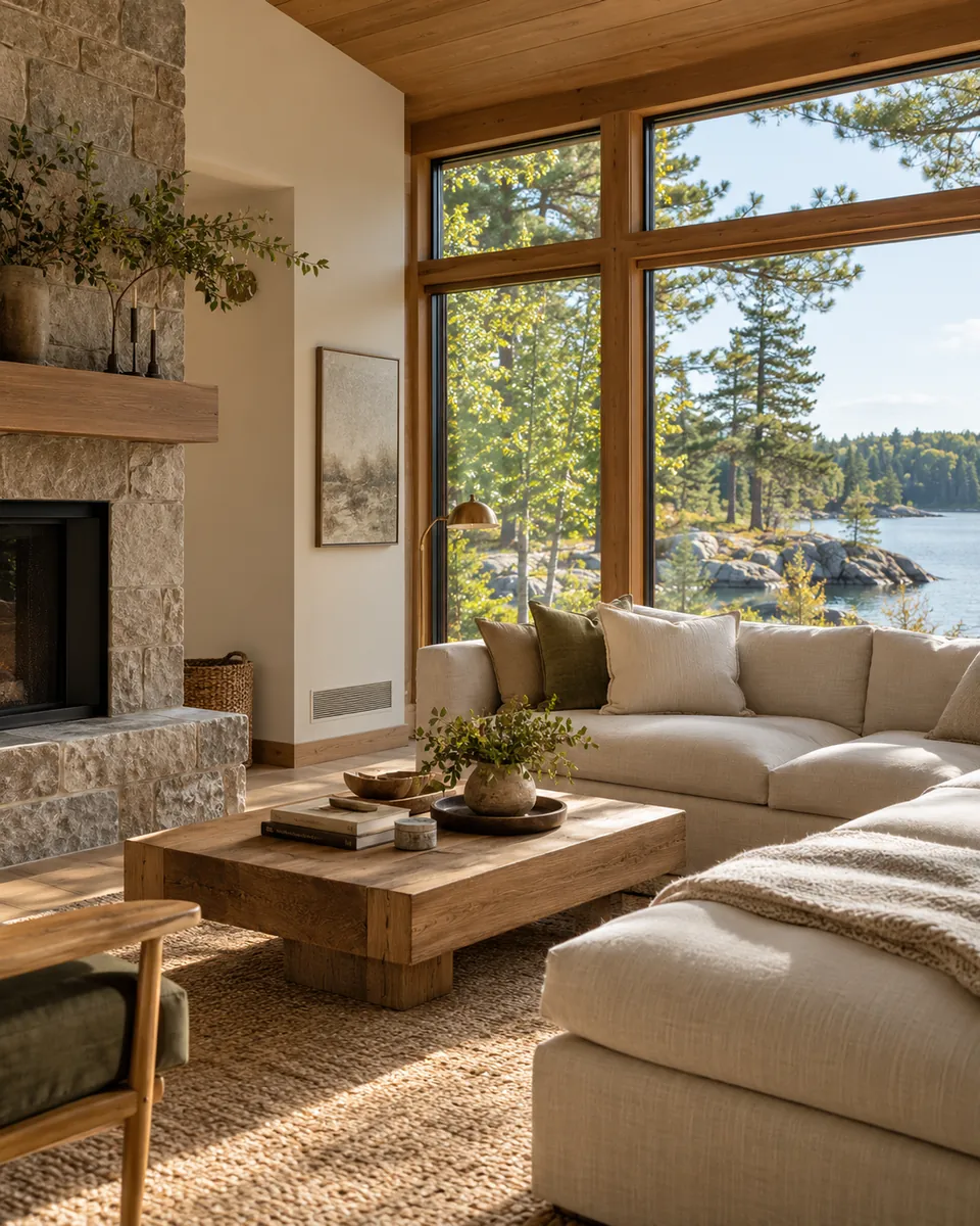 Illustrative cottage interior with oak finishes, integrated ventilation and a lake view