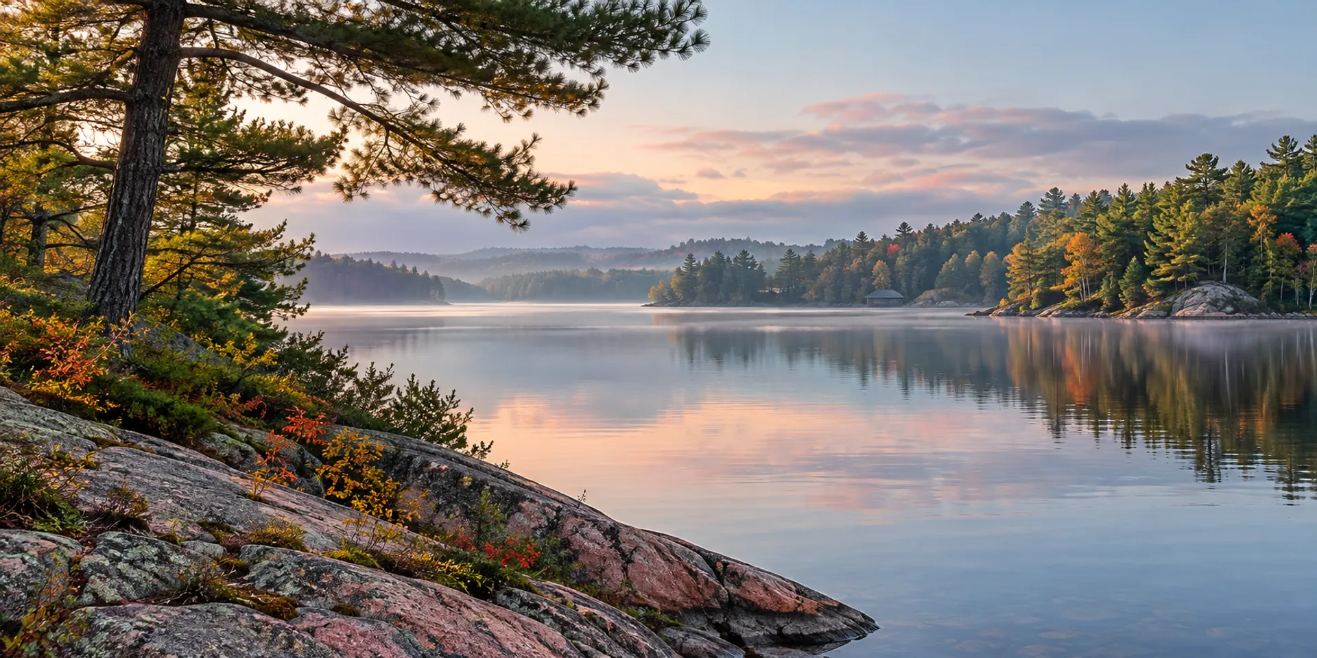 Illustrative lake landscape with granite shoreline and pine trees